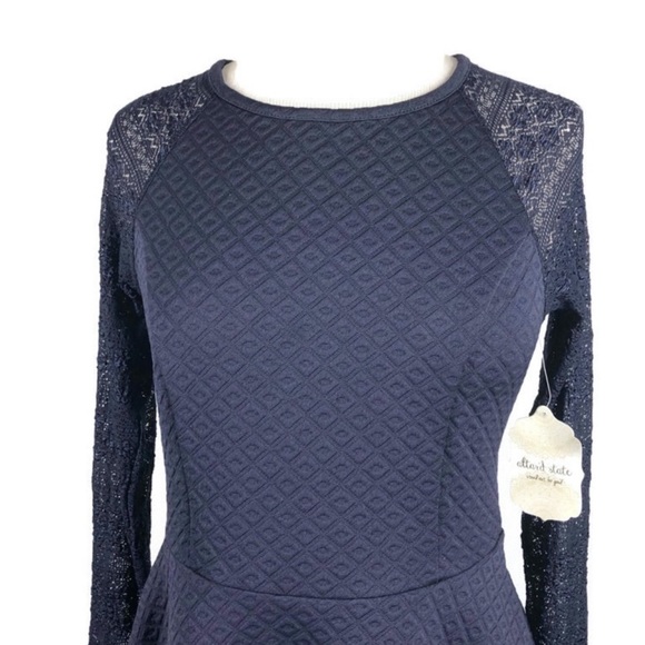 NWT Altar’d State (LG) Navy Blue Knit A-Line Fit & Flare Dress w/ Lace Sleeves - Picture 12 of 13